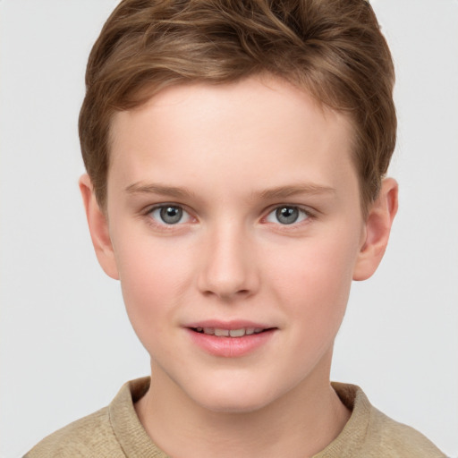 Joyful white child female with short  brown hair and grey eyes