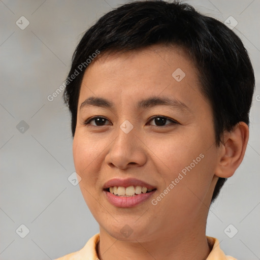 Joyful white young-adult female with short  brown hair and brown eyes