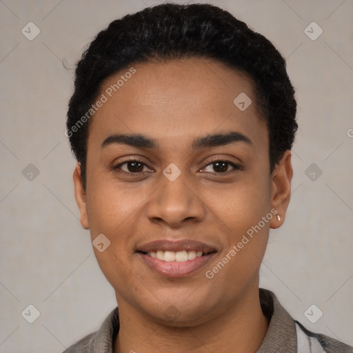 Joyful latino young-adult female with short  black hair and brown eyes