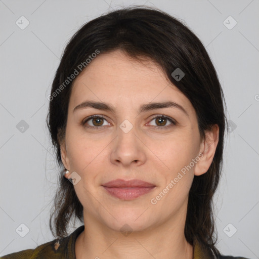 Joyful white young-adult female with medium  brown hair and brown eyes