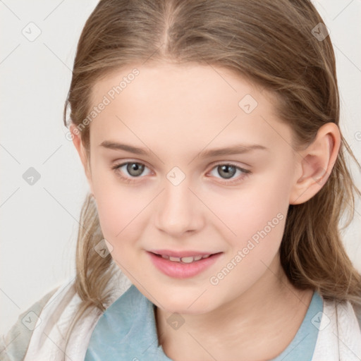 Joyful white child female with medium  brown hair and blue eyes