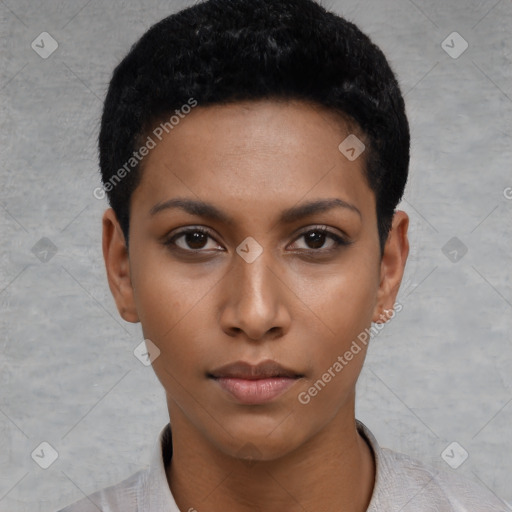 Neutral black young-adult female with short  black hair and brown eyes