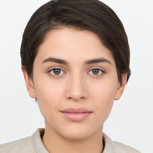 Neutral white young-adult female with short  brown hair and brown eyes