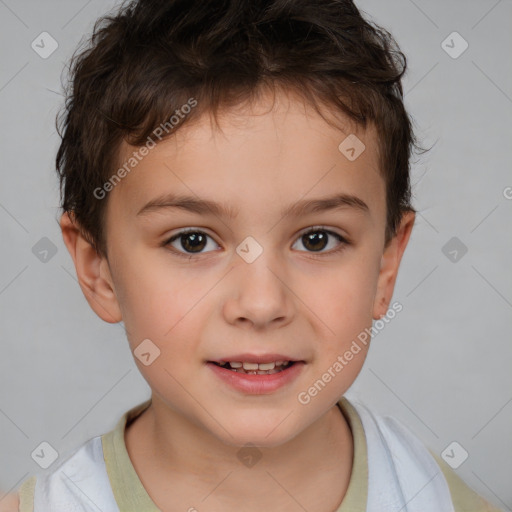 Joyful white child male with short  brown hair and brown eyes