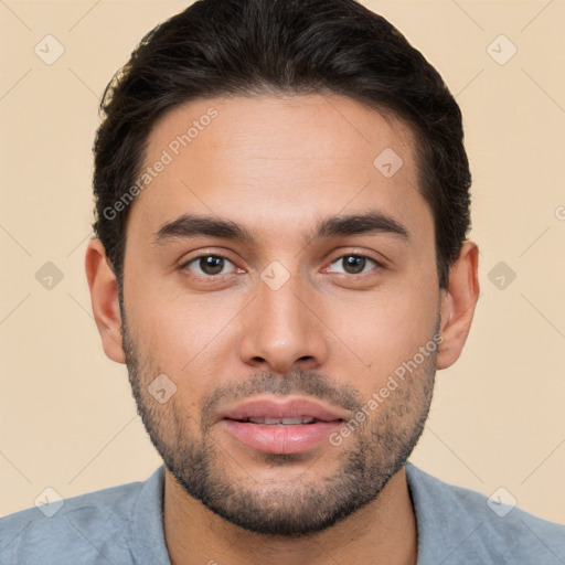 Neutral white young-adult male with short  brown hair and brown eyes