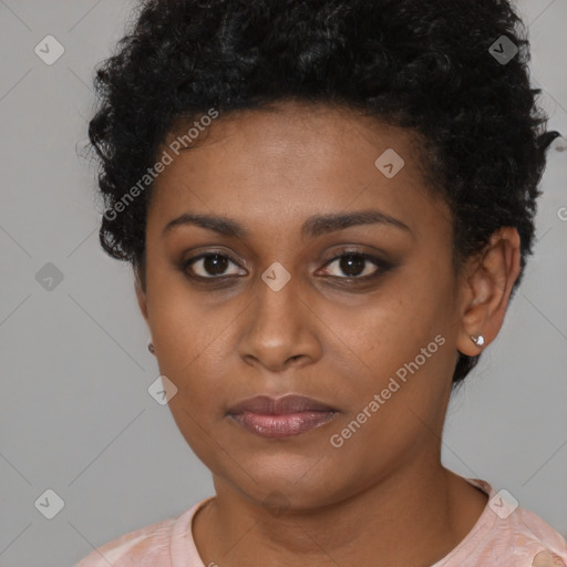Neutral black young-adult female with short  brown hair and brown eyes
