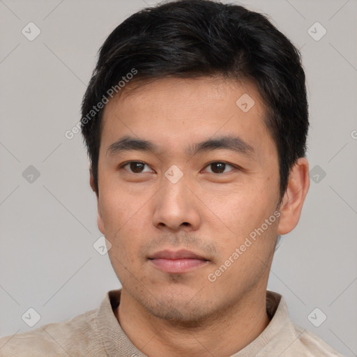 Neutral asian young-adult male with short  black hair and brown eyes