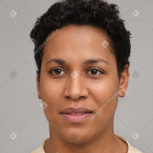 Joyful latino young-adult female with short  brown hair and brown eyes