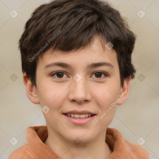 Joyful white child female with short  brown hair and brown eyes