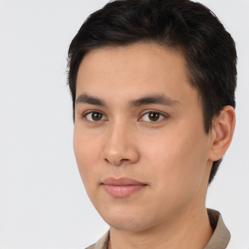 Neutral asian young-adult male with short  brown hair and brown eyes