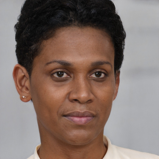 Neutral black young-adult female with short  brown hair and brown eyes