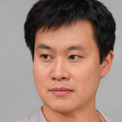 Neutral asian young-adult male with short  brown hair and brown eyes