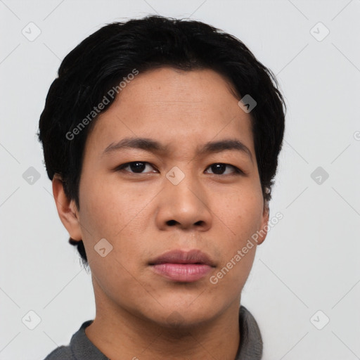 Neutral asian young-adult male with short  black hair and brown eyes