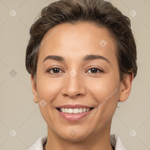 Joyful white young-adult female with short  brown hair and brown eyes