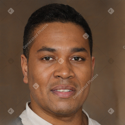 Joyful latino young-adult male with short  brown hair and brown eyes