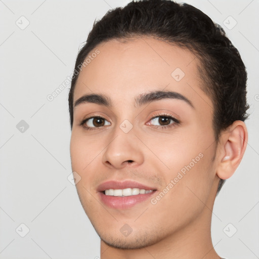 Joyful white young-adult female with short  black hair and brown eyes