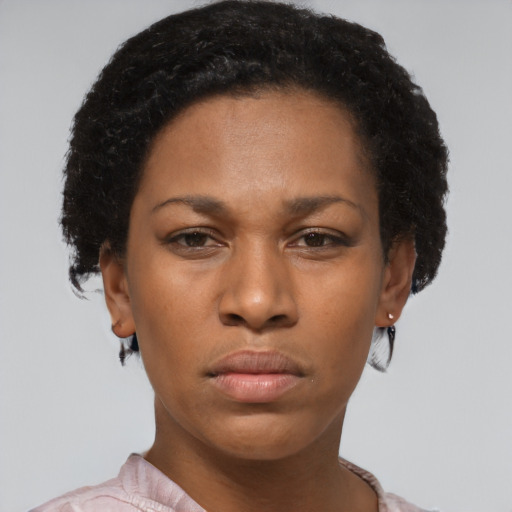 Neutral latino young-adult female with short  brown hair and brown eyes