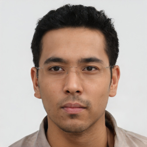 Neutral asian young-adult male with short  black hair and brown eyes