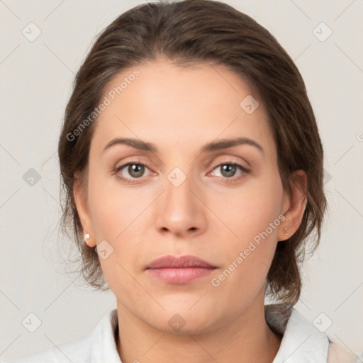 Neutral white young-adult female with medium  brown hair and brown eyes