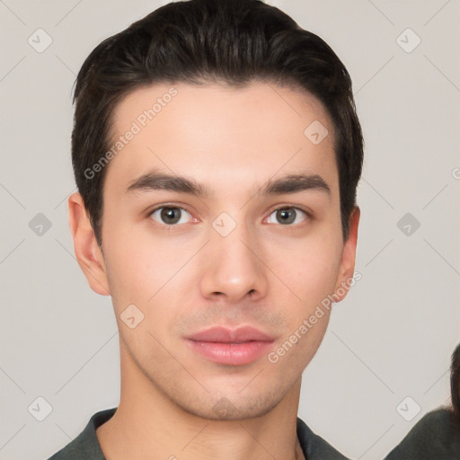 Neutral white young-adult male with short  brown hair and brown eyes