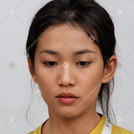 Neutral asian young-adult female with medium  brown hair and brown eyes