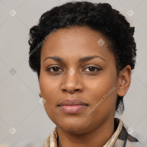 Neutral black young-adult female with short  black hair and brown eyes