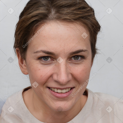 Joyful white young-adult female with short  brown hair and brown eyes