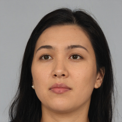 Neutral asian young-adult female with long  black hair and brown eyes