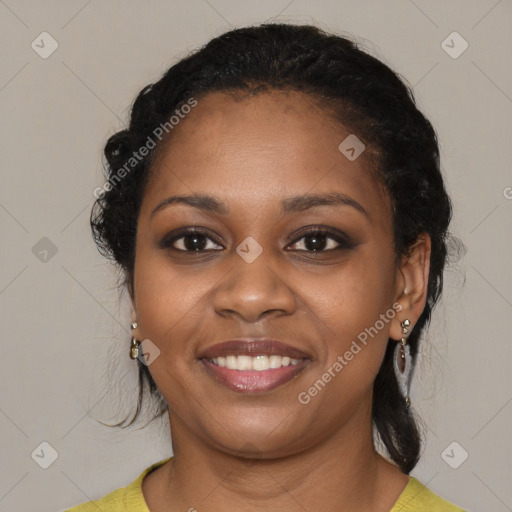 Joyful black young-adult female with medium  black hair and brown eyes