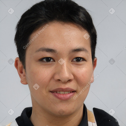 Joyful asian young-adult female with short  brown hair and brown eyes