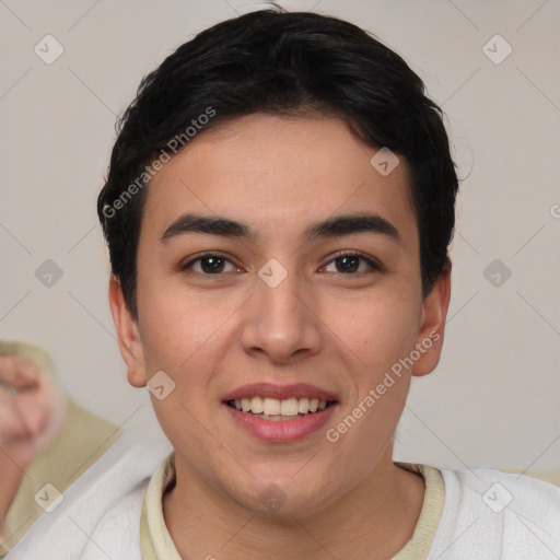 Joyful asian young-adult female with short  brown hair and brown eyes