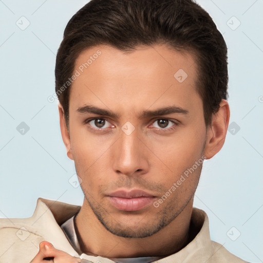 Neutral white young-adult male with short  brown hair and brown eyes