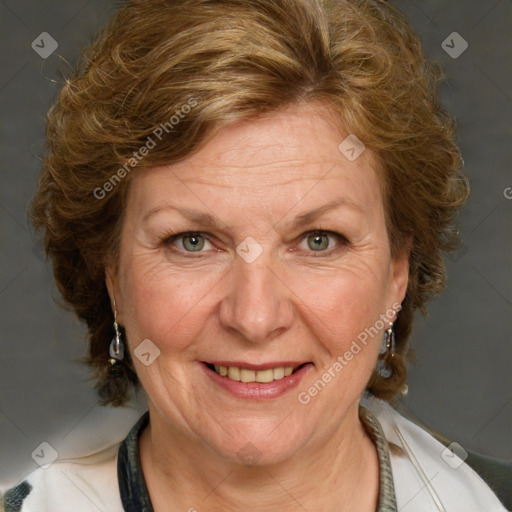 Joyful white adult female with medium  brown hair and blue eyes