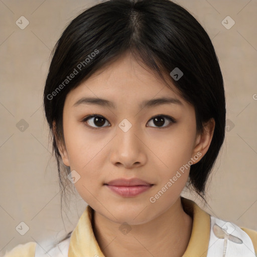 Neutral asian young-adult female with medium  black hair and brown eyes