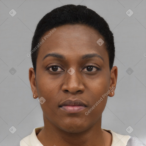 Neutral black young-adult female with short  brown hair and brown eyes