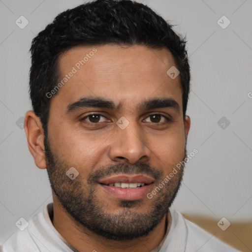 Joyful latino young-adult male with short  brown hair and brown eyes