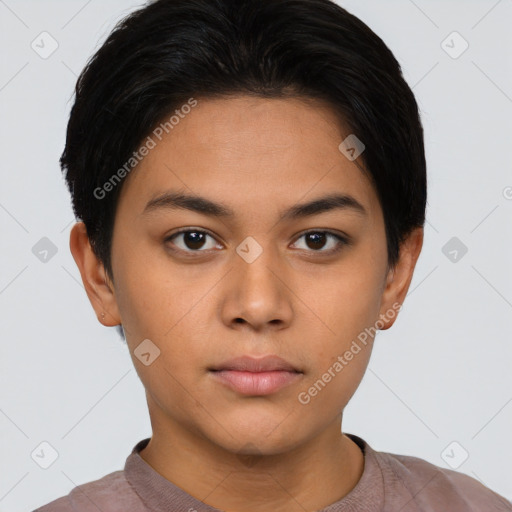 Neutral latino young-adult female with short  brown hair and brown eyes