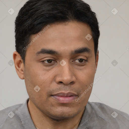 Joyful latino young-adult male with short  brown hair and brown eyes