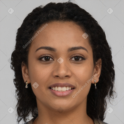 Joyful latino young-adult female with long  brown hair and brown eyes