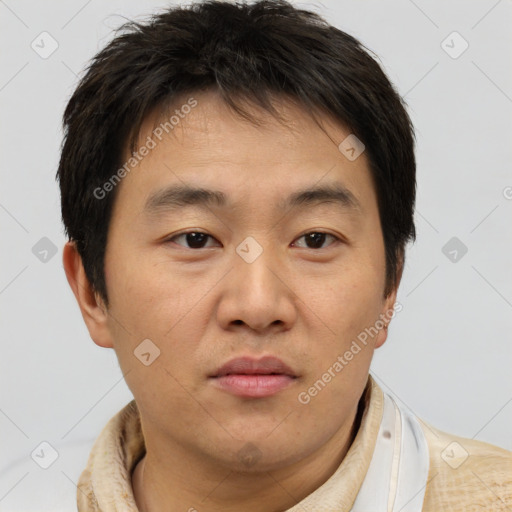 Neutral asian young-adult male with short  brown hair and brown eyes