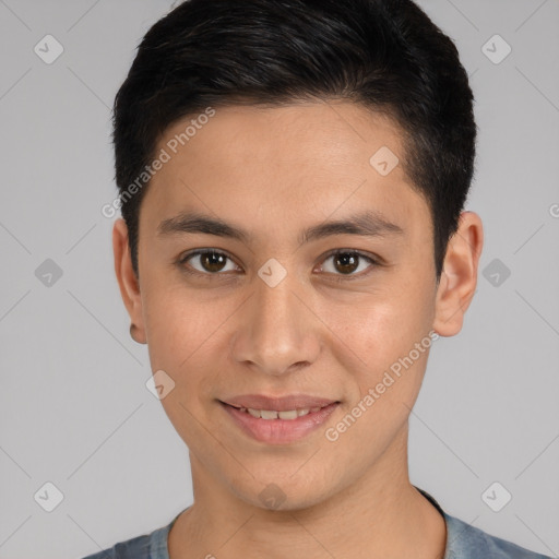 Joyful white young-adult male with short  black hair and brown eyes
