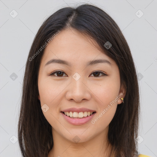 Joyful white young-adult female with long  brown hair and brown eyes