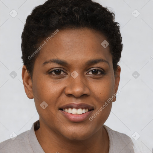 Joyful black young-adult female with short  brown hair and brown eyes