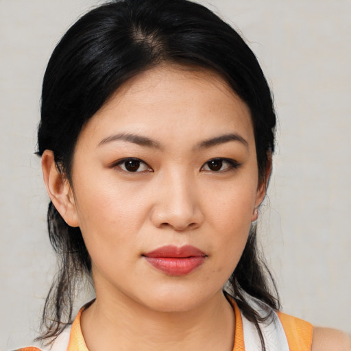Neutral asian young-adult female with medium  black hair and brown eyes