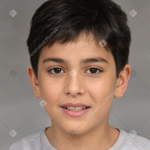 Joyful white child male with short  brown hair and brown eyes