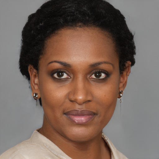 Joyful black young-adult female with short  brown hair and brown eyes
