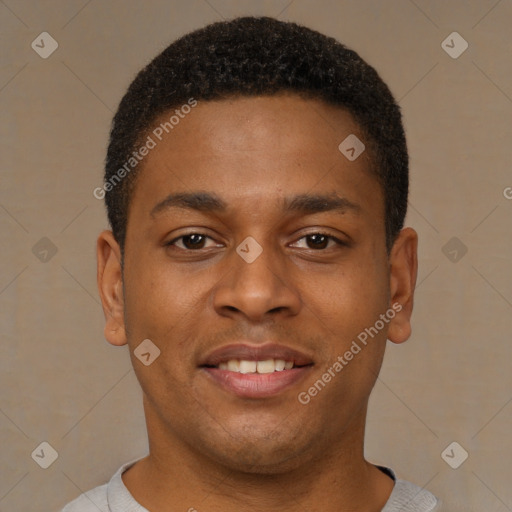 Joyful latino young-adult male with short  brown hair and brown eyes