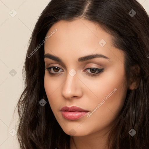 Neutral white young-adult female with long  brown hair and brown eyes