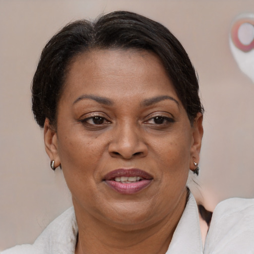 Joyful black adult female with short  brown hair and brown eyes
