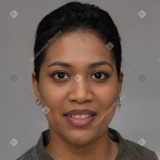 Joyful latino young-adult female with short  black hair and brown eyes